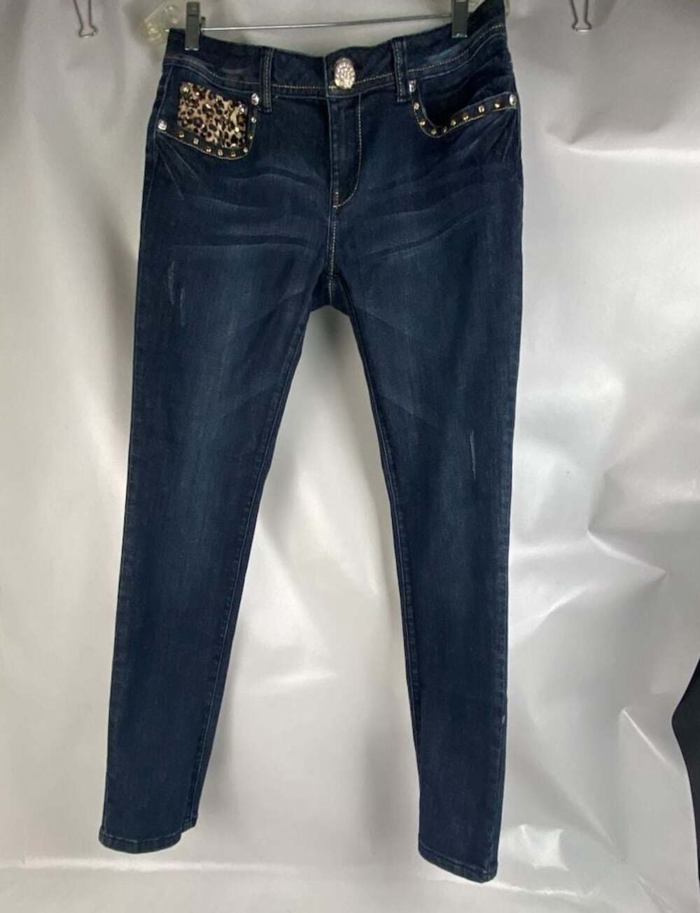 L.A. Idol USA Women's Dark Wash Distressed Jeans with Leopard Print Size 13